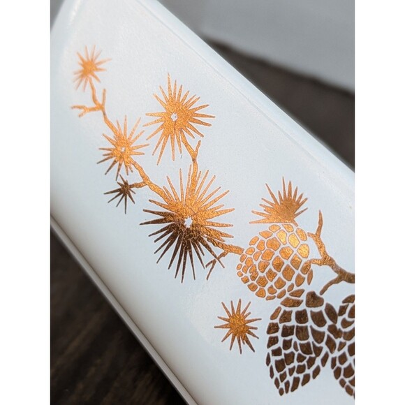 VTG 60s Pyrex Casserole Dish Metallic Gold Pine Cones 575-B Made in USA No Lid - Picture 9 of 11